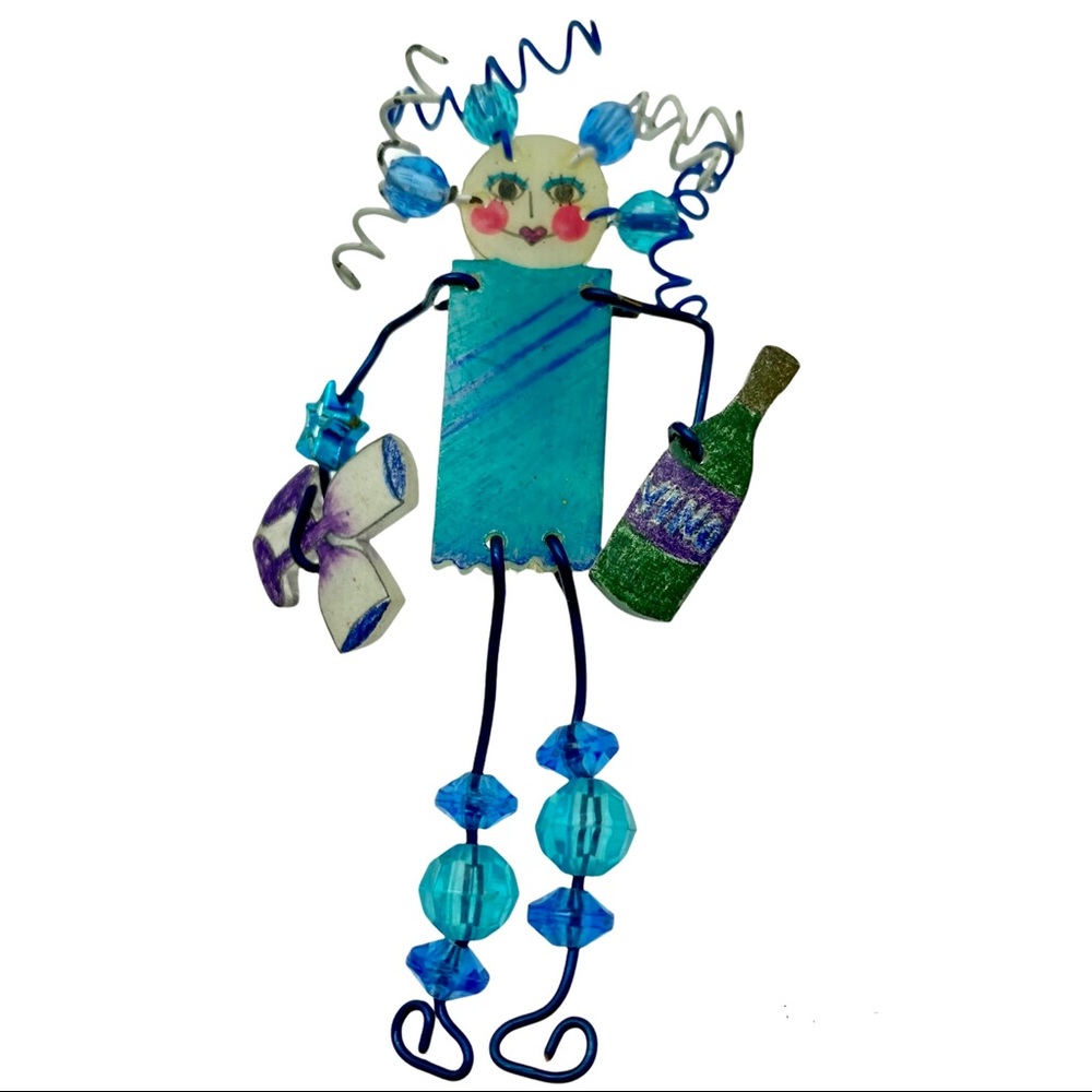 Handcrafted modernist brooch a lady holding wine and glasses unique jewelry - Picture 1 of 4